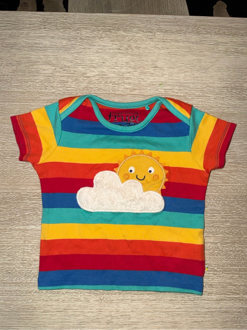 Frugi Rainbow Stripe Tee with Sunny Cloud - size 6-12 months